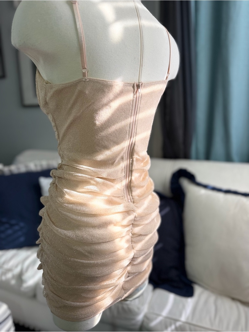 Champagne Shimmer Ruched Slip Dress in Nude - Picture 5 of 9